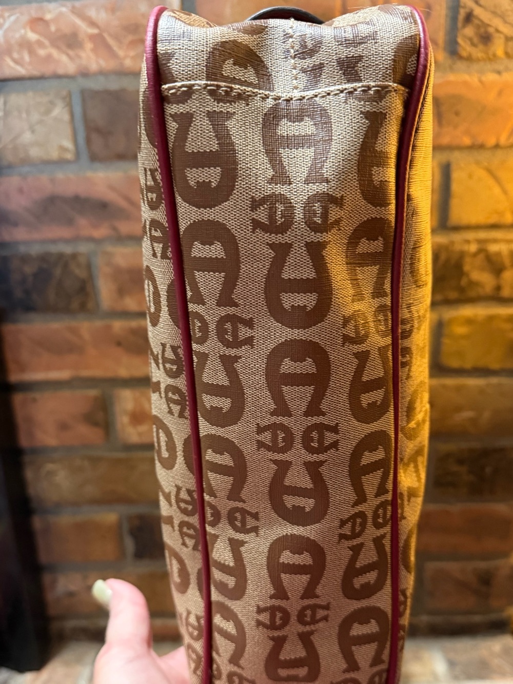 Etienne Aigner Monogram Canvas Hobo Bag with Burgundy Leather Accent EUC - Picture 5 of 10